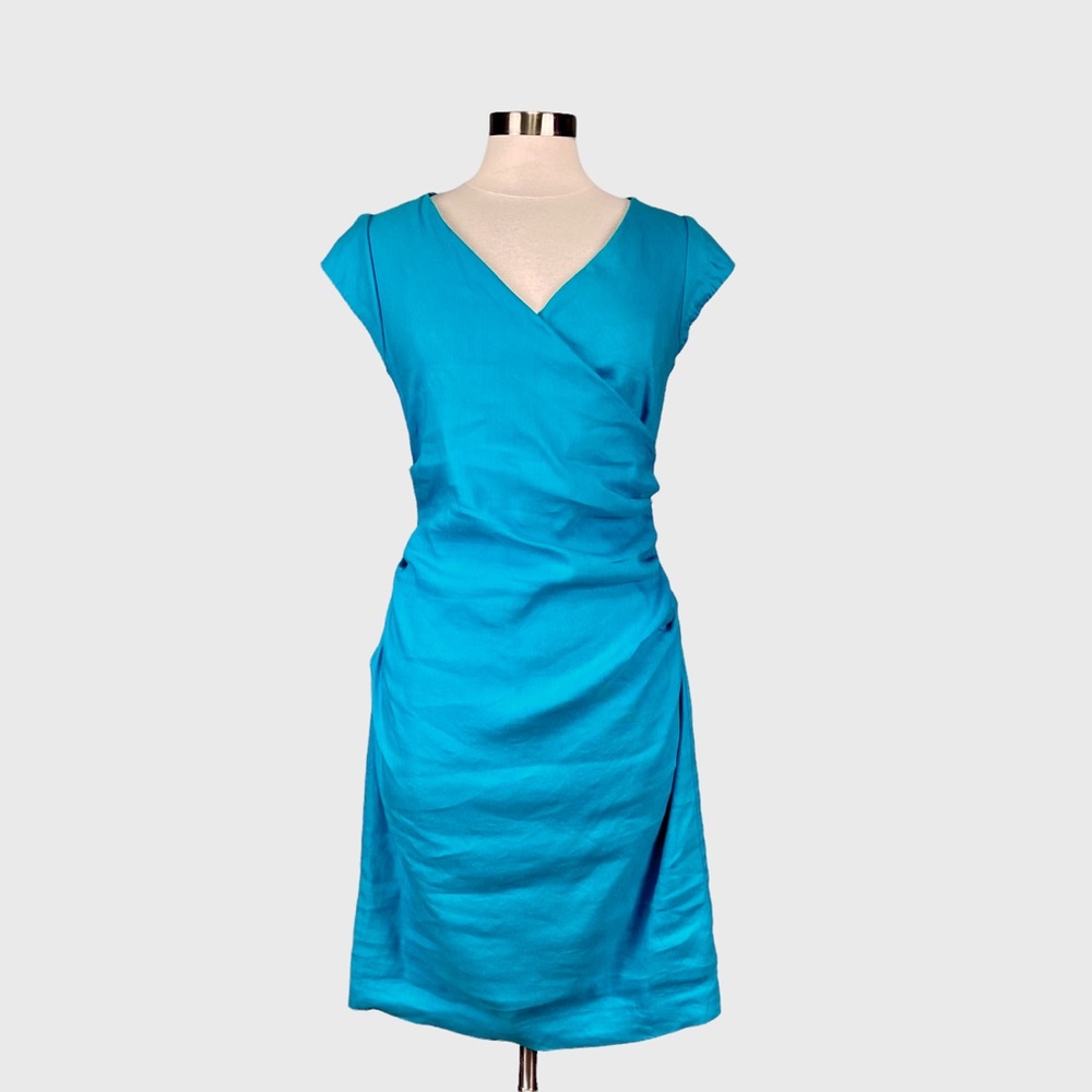 Nicole Miller Beckett Blue Stretch Linen Tuck Sheath Dress 14